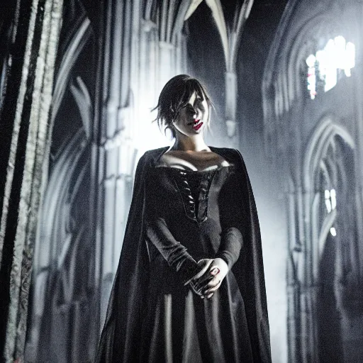 Image similar to mary elizabeth winstead as a vampire menacingly flashing her fangs in a gloomy gothic cathedral at night