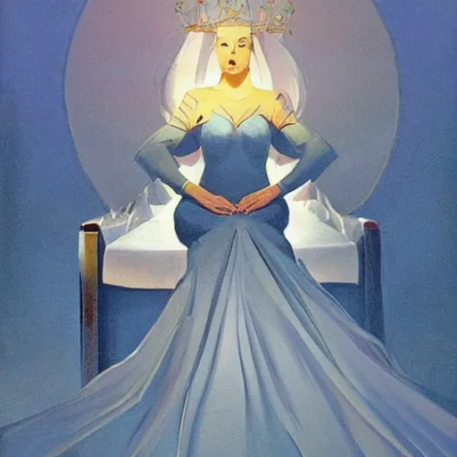 Image similar to an oil painting of a queen in a thierry mugler dress sitting on a throne, by bruce pennington, by ( ( ( eyvind earle ) ) ), nicholas roerich!!, by frank frazetta, by georgia o keeffe, by dean cornwell!!!, eerie, ominous, baghdad, oriental