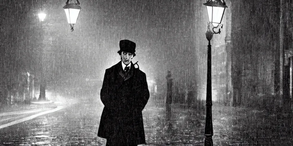 Prompt: sherlock holmes by a lamppost in a city in 1 9 th century england at night while it raining