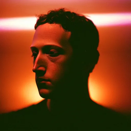 Image similar to close - up portrait of dark zuckerberg, the mind eraser, ominous dramatic low light, gritty high contrast, kodak portra 8 0 0, f 1. 8 8 5 mm zeiss lens