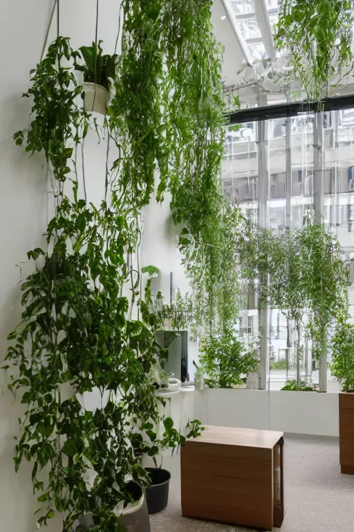 Prompt: photorealisitic ultra modern dressing room with hanging plants, windows open to an evening sky