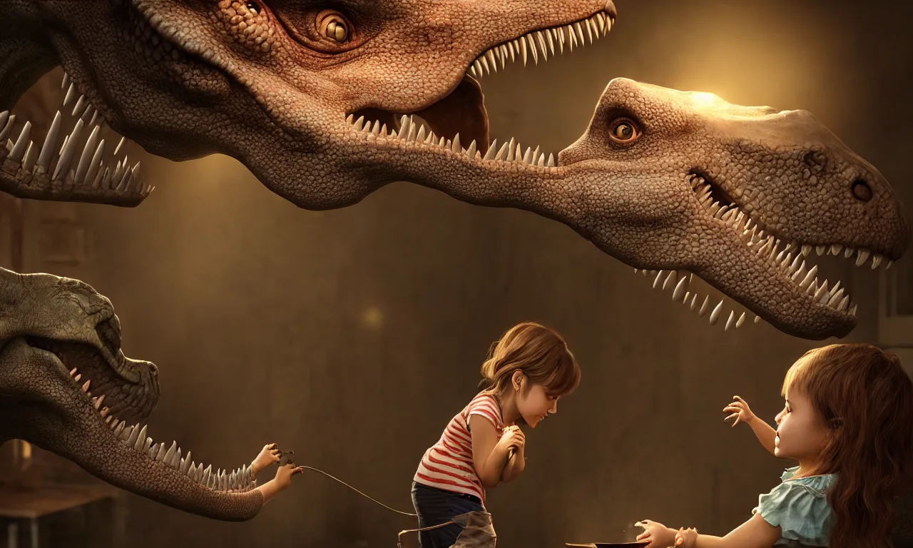 Image similar to portrait of a little girl sticking her hand through the bars and feeding a tyrannosaurus, very high details, raytracing, back light, raymarching, by ilm, by digital domain, by weta digital