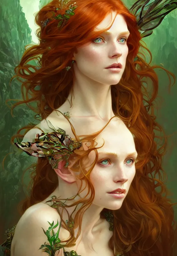 Image similar to portrait of fairy woman, d & d, green eyes, ginger hair, face, fantasy, intricate, elegant, highly detailed, digital painting, artstation, concept art, smooth, sharp focus, illustration, art by artgerm and greg rutkowski and alphonse mucha