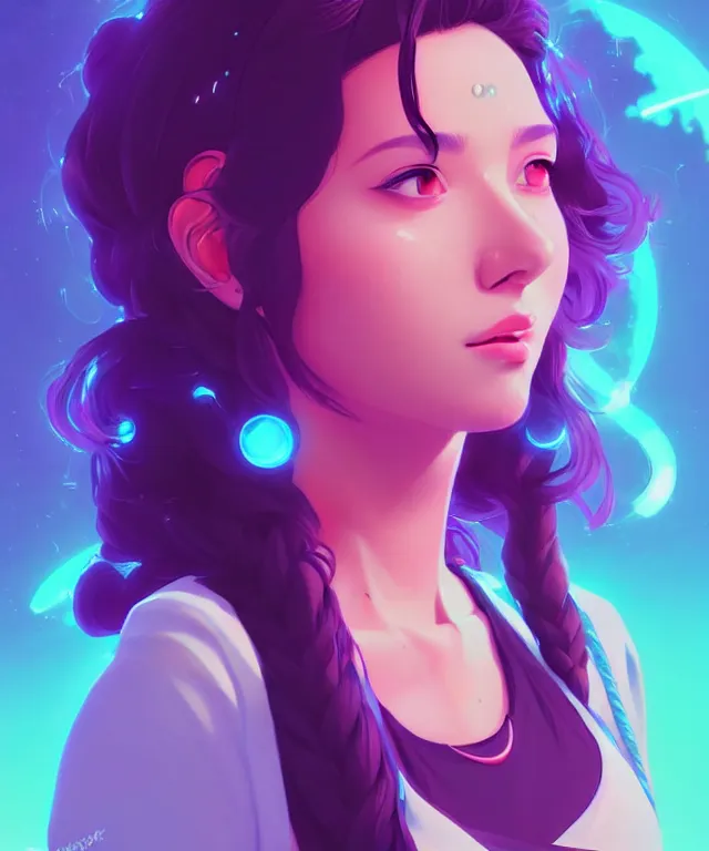 Image similar to beautiful portrait of sana from twice as a sci fi woman, with vaporwave aesthetic by artgerm, yuumei, makoto shinkai, concept art by james gilleard, artstation, cgsociety, synchromism, 8 0 s animation flat cell shaded. with thick black pencil lines!!!!