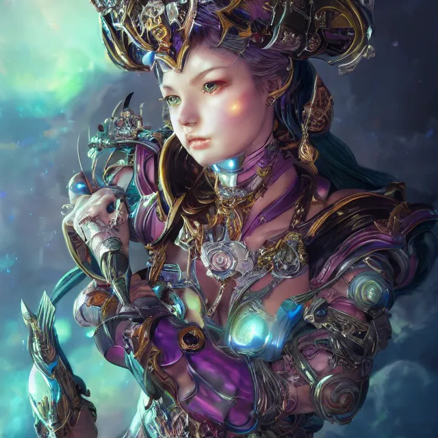 Image similar to studio portrait of lawful good colorful female divine mech paladin as absurdly beautiful, elegant, young sensual gravure idol, ultrafine hyperrealistic detailed face illustration by kim jung gi, irakli nadar, intricate linework, sharp focus, bright colors, matte, octopath traveler, final fantasy, unreal engine highly rendered, global illumination, radiant light, intricate environment