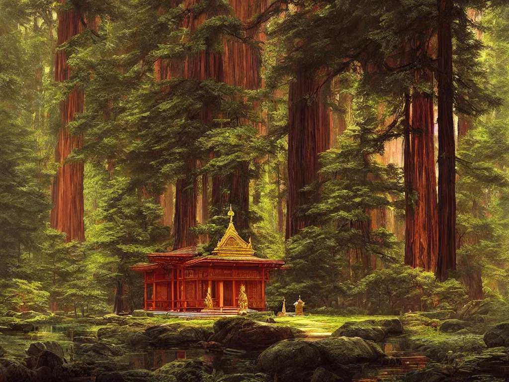 Image similar to a beautiful buddhist sanctuary in a redwood forest, art by albert bierstadt and greg rutkowski, hyperrealism, peaceful ☸ 🕉