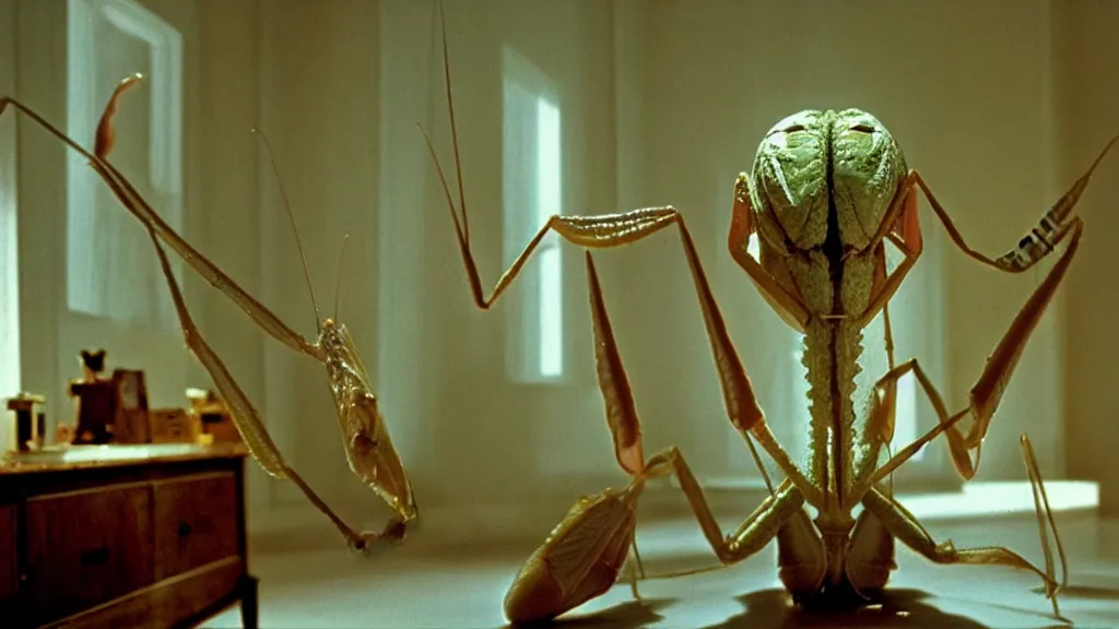 Image similar to the giant praying mantis head in the living room made of wax and water, film still from the movie directed by Wes Anderson with art direction by Salvador Dalí, wide lens