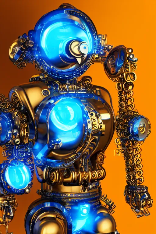 Image similar to portrait photo of a giant muscular golden and blue metal steampunk robot bodybuilder bouncer security with gears and tubes, eyes are police lights, shiny crisp finish, 3 d render, 8 k, insaneley detailed, fluorescent colors, background is multicolored lasershow