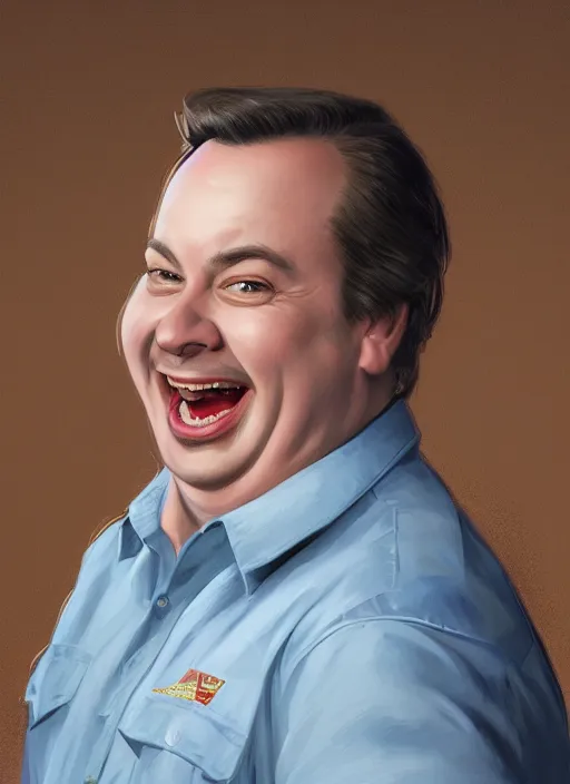 Image similar to portrait of laughing Rich Evans from Red Letter Media, highly detailed, centered, solid color background, digital painting, artstation, concept art, smooth, sharp focus, illustration, artgerm, donato giancola, Joseph Christian Leyendecker, Les Edwards, Ed Repka, WLOP