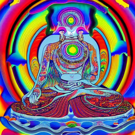 Image similar to psychedelic trippy artwork, focus clarity, tibetan buddhism, the meaning of Dzogchen, full color, a life of primordial grounding, award-winning, trending