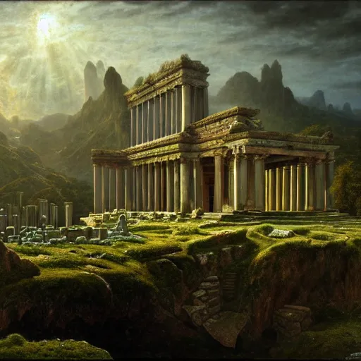 Image similar to a beautiful and highly detailed matte painting of a celtic temple, epic scale, insanely complex, hyperdetailed, sharp focus, hyperrealism, artstation, cgsociety, 8 k, by caspar friedrich, albert bierstadt, james gurney, brian froud,