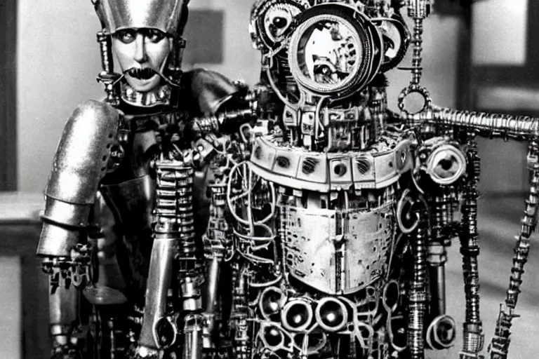 Prompt: Tik-Tok The Mechanical Man from Return to Oz, movie set photo