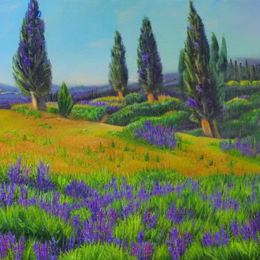 Image similar to oil painting of lavander fields in the south of france surrounded by cypress trees, various styles.