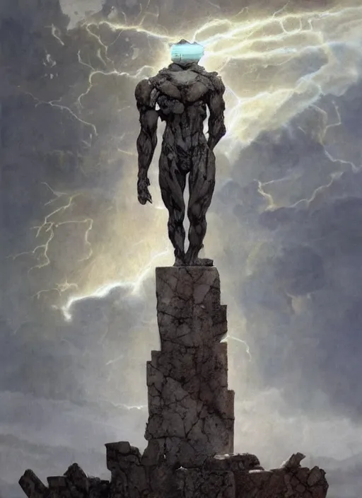 Image similar to ancient statue of a diabolical marble stone cyborg, wearing torn white cape, dynamic pose, thunder, glowing eyes, post apocalyptic ancient ruins, glowing veins subsurface scattering, in clouds, sunset, portrait, by gerald brom, by mikhail vrubel, by peter elson, muted colors, extreme detail, trending on artstation, 8 k