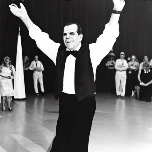 Prompt: President Richard Nixon dancing his heart out. CineStill.