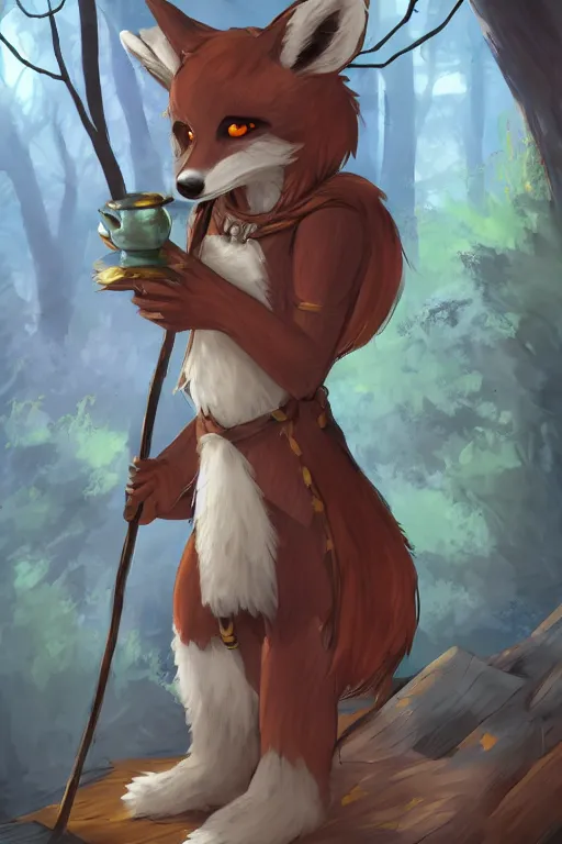 Prompt: a medieval anthropomorphic fox furry fursona with a fluffy tail in a forest, backlighting, trending on artstation, furry art, by kawacy, warm lighting, digital art