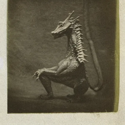 Image similar to victorian photograph of a real dragon, rutowski, highly realistic, scaly, grainy photo, very blurry, creature, faded, taken in the 1 8 8 0 s, 1 8 7 0 s, 1 8 9 0 s
