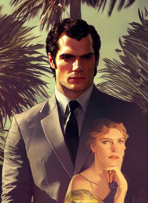 Image similar to portrait of henry cavill as james bond, key art, palm trees, vintage aston martin, highly detailed, digital painting, artstation, concept art, cinematic lighting, sharp focus, illustration, by gaston bussiere alphonse mucha