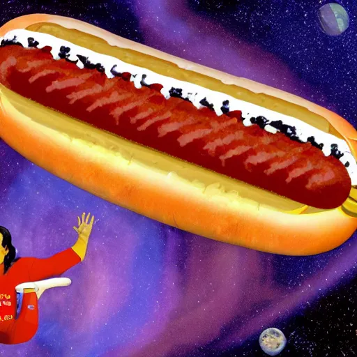 Prompt: danzig riding a giant hotdog through space in technicolor