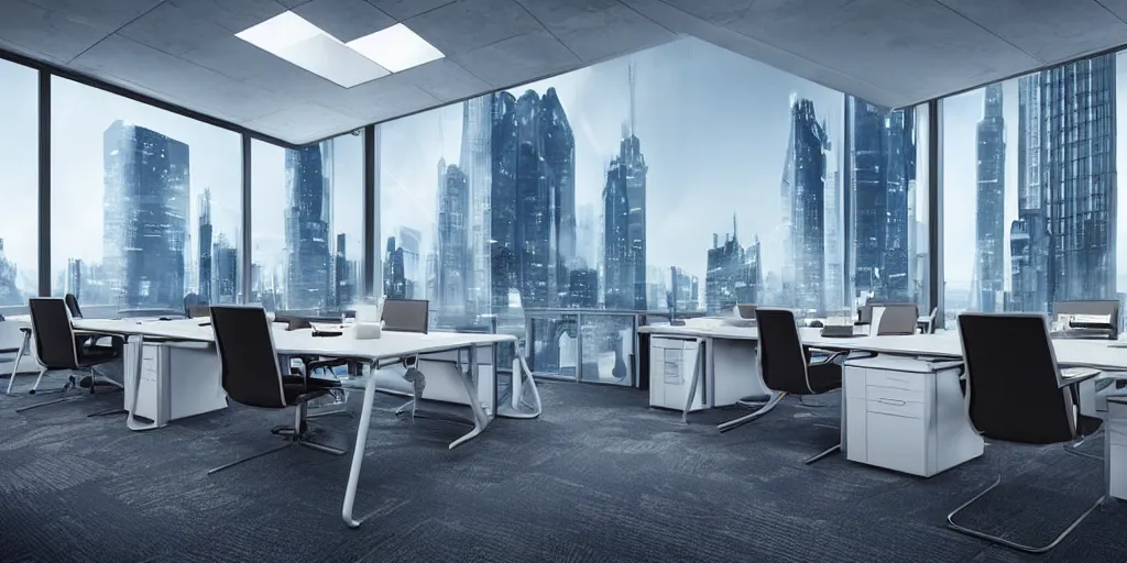 Image similar to an sci - fi futuristic office with levitating chairs, windows of a futuristic city in the background hyper - realistic digital art