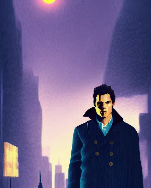 Image similar to portrait of james marsden, trench coat, stormy night, urban city scenery, moonlight, petros afshar, tom whalen, artstation, volumetric lighting