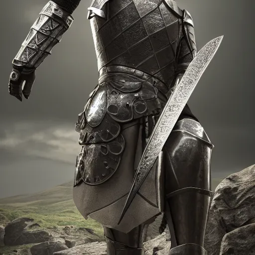 Prompt: knight with sword in black armour standing with one foot on a high detail rock, high resolution, realistic, 8 k hyper real, rtx, unreal engine 5