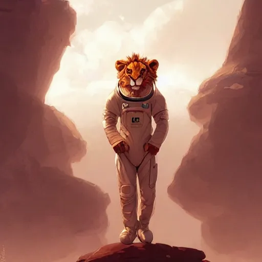 Image similar to an lion wearing a astronaut outfit,character design by charlie bowater, ross tran, artgerm, and makoto shinkai, detailed, inked, western comic book art, 2021 award winning painting,digital art,ultra realistic,ultra detailed,art by greg rutkowski,photorealistic,hyperdetailed,relaxed