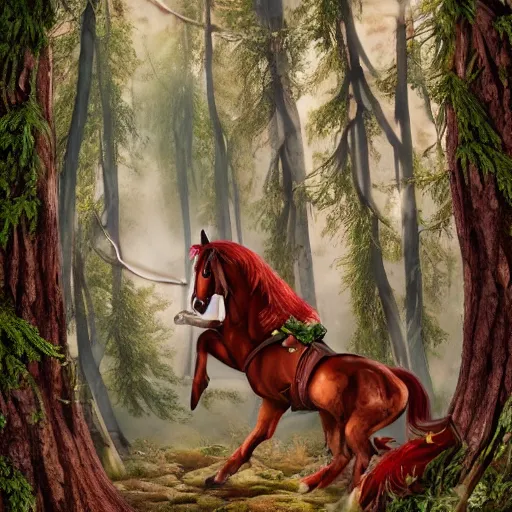 Image similar to a half - man, half - horse with a big red beard in a forest fantasy art, highly detailed