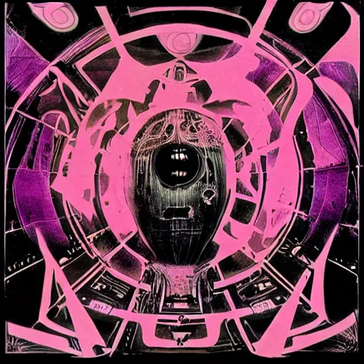 Image similar to post - punk new age album cover, magic, apocalypse, psychedelic, black white pink, magic, giger h. r.