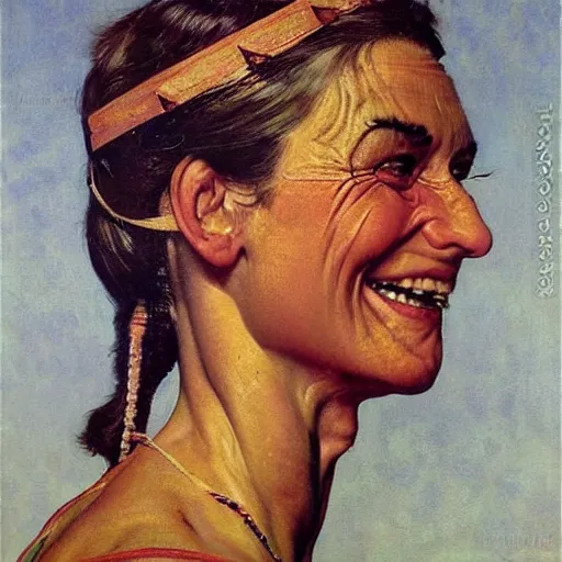 Prompt: Frontal painting of the face of a muscular and happy priestess. A painting by Norman Rockwell.