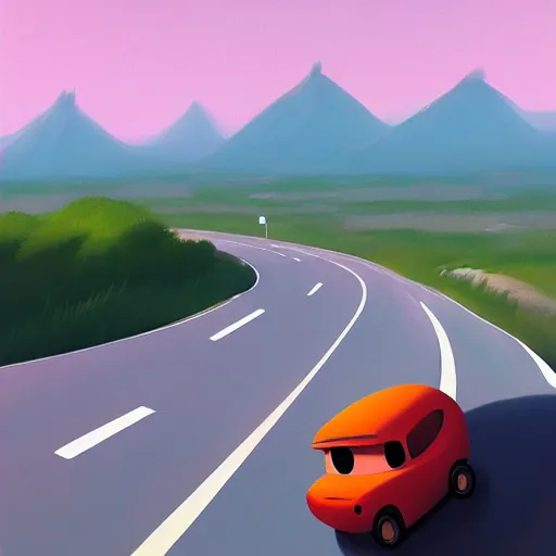 Prompt: goro fujita ilustration car on the highway, in the distance you can see the mountains, painting by goro fujita, sharp focus, highly detailed, artstation