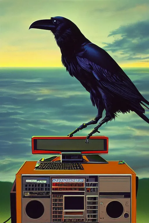 Image similar to a raven observing 8 0 s era technology, vintage shapes, retro technology, glowing color, wayne barlow, oil on canvas, deep depth of field, masterpiece, cinematic composition, hyperdetailed