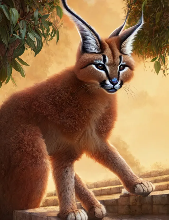 Image similar to cute fluffy caracal in a ancient greek city, wearing laurel wreath on head | | cute, key visual, realistic shaded perfect face, fine details by stanley artgerm lau, wlop, rossdraws, james jean, andrei riabovitchev, marc simonetti, and sakimichan, trending on artstation