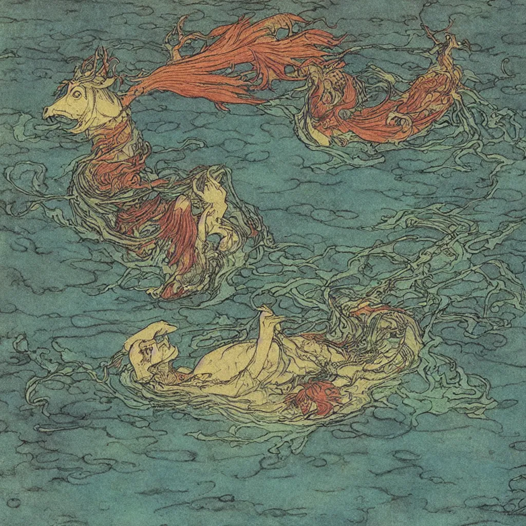 Image similar to an extremely colorful depiction of a merhorse in a lake, rearing up with its tail tucked underneath, from a book of fairy tales illustrated by edmund dulac