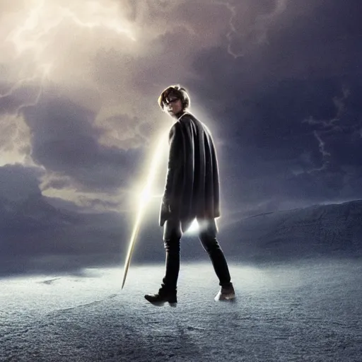 Image similar to Harry potter standing and holding a short wand, yellow light spell, side view, daniel radcliffe, thunderclouds, cinematic shot, wide shot, epic scale, photorealistic detail and quality, intricate cobblestone, magical particle effects, movie still, nighttime, crescent moon, sharp and clear, action shot, intense scene, visually coherent, symmetry, rule of thirds, movement, photorealistic colors, cool colors transitioning to warm colors, modest tone, award winning, directed by Steven Spielberg, Christopher Nolan, Tooth Wu, Asher Duran, artstation