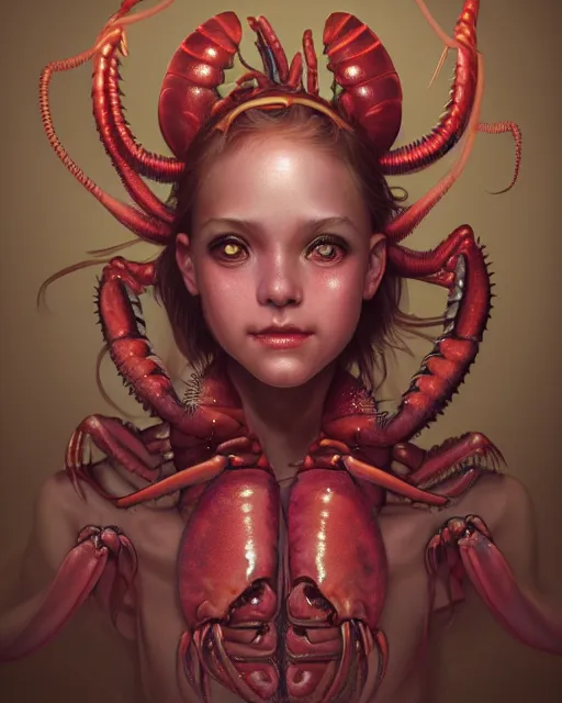 Prompt: portrait of a cute female lobster, bioluminescent, veins, horror, happy, highly detailed, digital painting, cinematic, hyperrealism, dark retrowave, art by stanley lau and artgerm and magali villeneuve and alphonse mucha, artstation, octane render, cgsociety