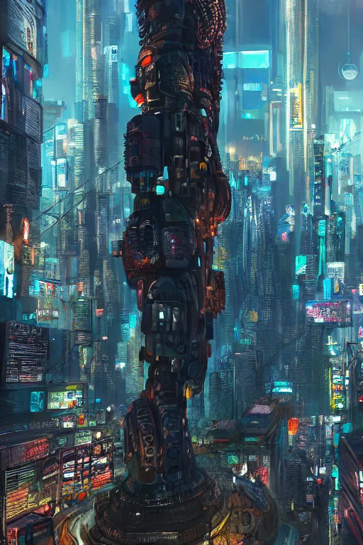 Prompt: digital masterpiece illustration concept art of giant statue in the middle of cyberpunk cityscape, extremely detailed and intricate complexity, epic composition, magical atmosphere, cinematic lighting, wide long shot, trending on artstation, 8 k