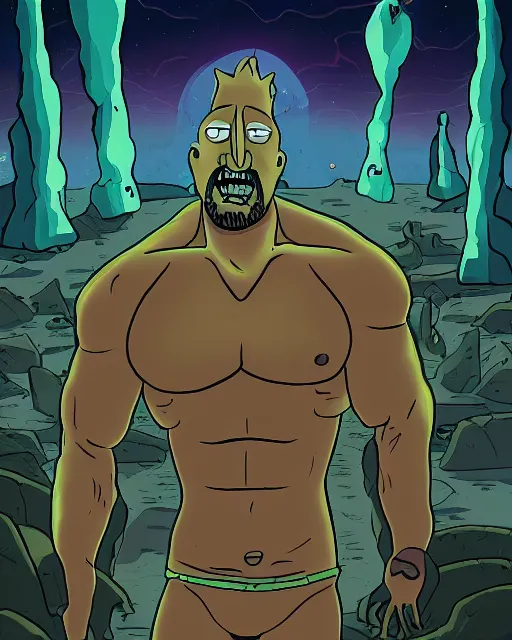 Image similar to portrait of dwayne johnson in the style of justin roiland. ugly, creepy, demonic, horror. cinematic lighting. style of rick & morty. photographic, photography. by justin roiland