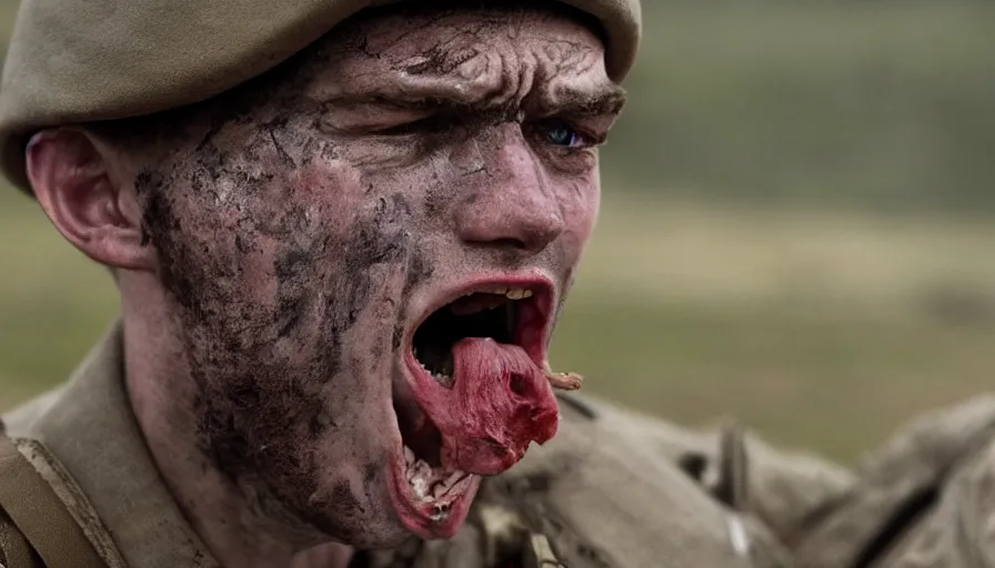 Prompt: World War 1 soldier screaming in anguish, close-up of face, wartorn landscape, dirty lens, shallow depth of field, cinematic lighting, IMAX, cinematography by Roger Deakins, 35mm