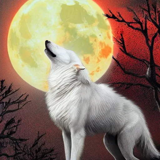 Prompt: white wolf howling, red moon, darkness, hyper realistic