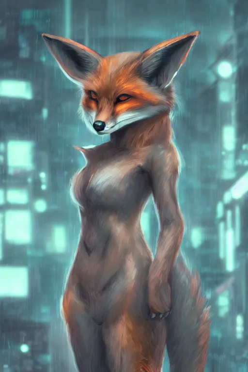 Image similar to a fox fursona, trending on artstation, by kawacy, furry art, digital art, cyberpunk, high quality, backlighting