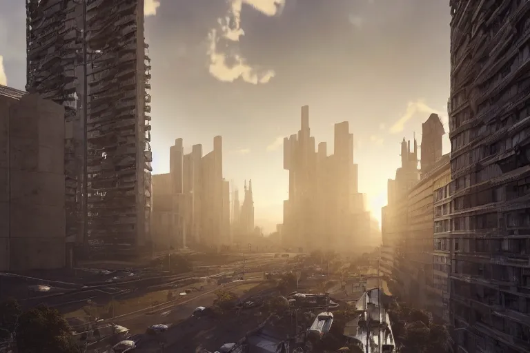 Image similar to streetscape, a towering cathedral of brutalist architecture, buildings covered with greebles, stunning volumetric light, sunset, metal, concrete and translucent material, stunning skies, majestic landscape, trending on Artstation, 8k, photorealistic, hyper detailed, unreal engine 5, IMAX quality, cinematic, epic lighting, in the style of Greg Rutkowski