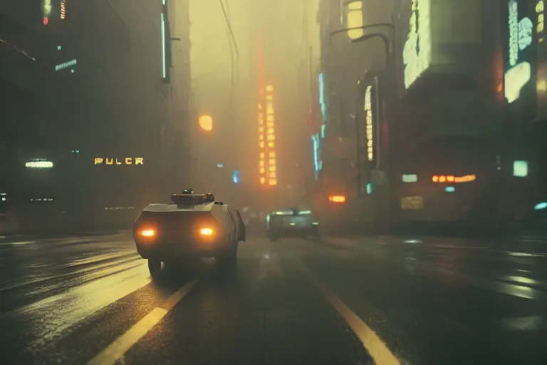 Prompt: 7 0 mm film still from blade runner, closeup of a police car drone flying through the city, octane, greg rutkowski, loish, rhads, beeple, makoto shinkai and lois van baarle, global illumination