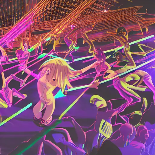 Prompt: 2 performers made of clay crowd surfing, bodies being stretched out, concert stage in background with lasers, style of anime art, image from perspective of drone, highly detailed, very intricate,