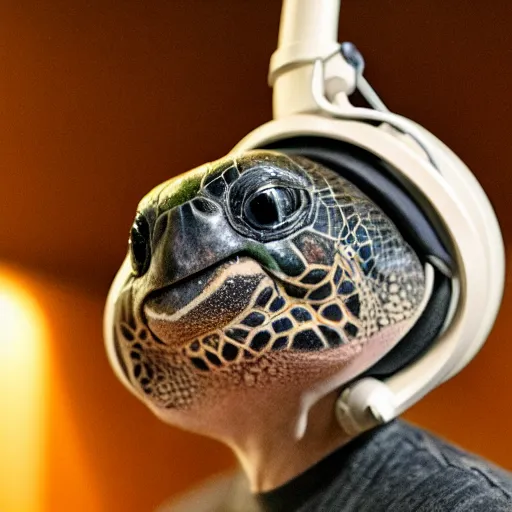 Image similar to turtle with headphones singing in music studio