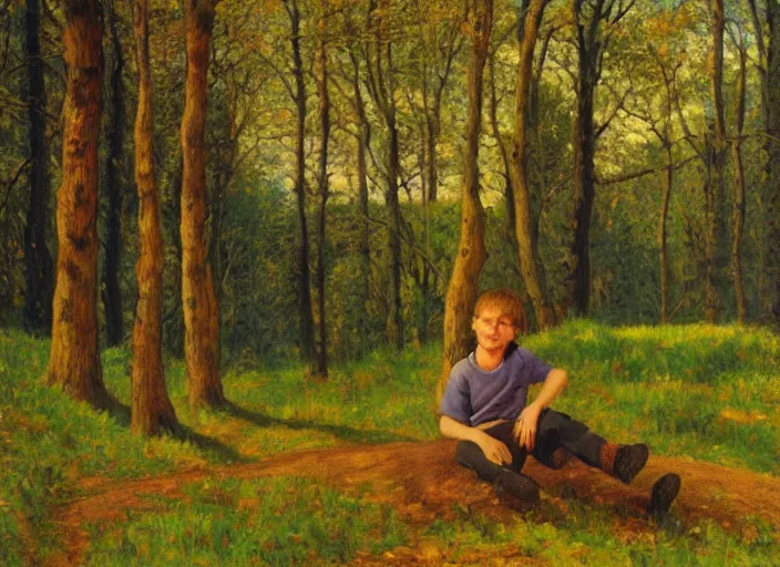 Image similar to impressionistic painting of a boy sitting on a hill in the woods, painted by johfra bosschart, featured on artstation, plein air, artstation hd, painterly