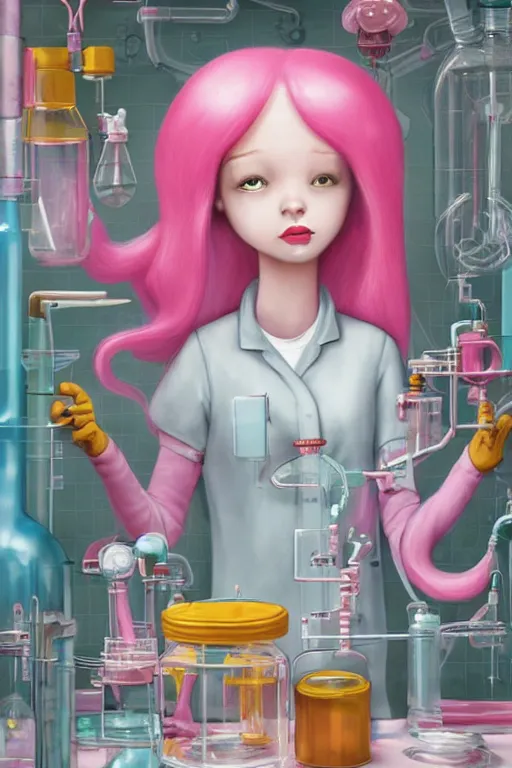 Prompt: highly detailed, industrial photograph profile photo of adult princess bubblegum from adventure time, detailed and intricate environment, working in her science lab, wearing lab coat, long bubblegum hair, long straight bangs, confident, beautiful, attractive, illustration concept art by nicoletta ceccoli, mark ryden, lostfish, 8 k resolution, hyperrealistic, octane render