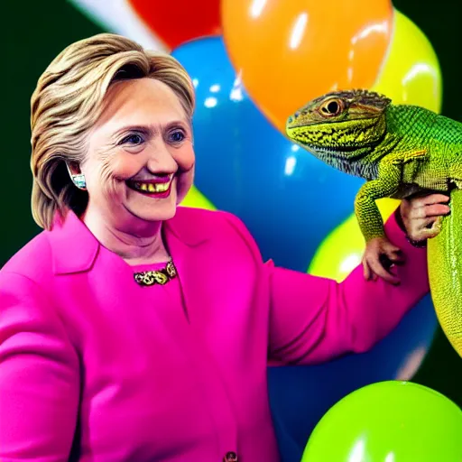 Image similar to Hillary Clinton with a lizard face looking at brightly colored balloons, photo, detailed, 4k