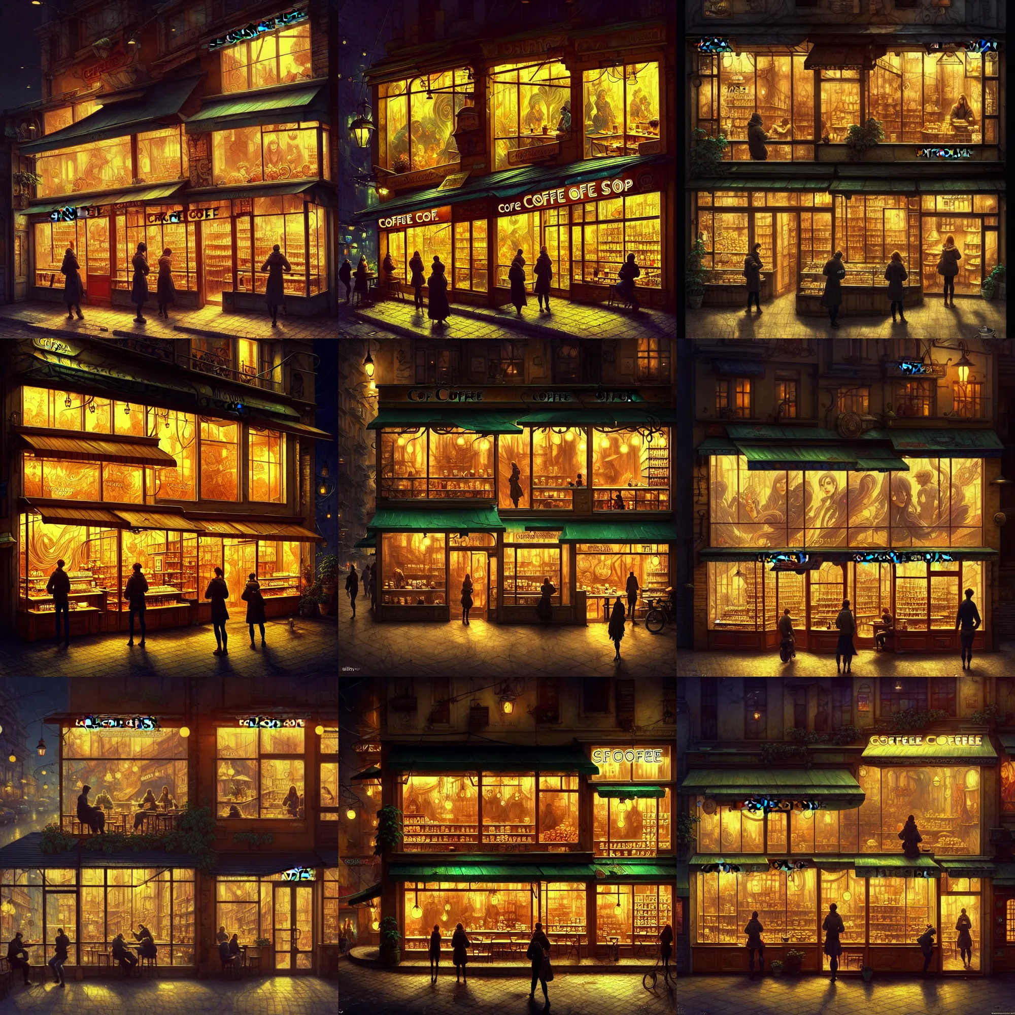 Image similar to a coffee shop store in The City of Ukraine at night with a few customers, extreme plus resolution fantasy concept art, intricate details to everything visible, sharp lighting, Dramatic light by denis villeneuve, strong emphasis on alphonse mucha, Makoto Shinkai