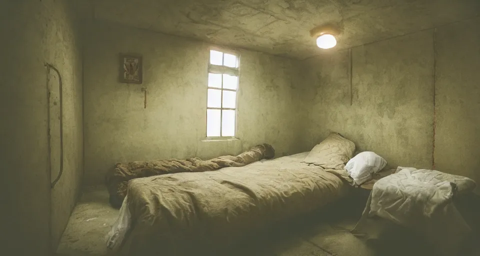 Prompt: a cozy prison cell with an overgrown human body sleeping on the bed, horror, studio Ghibli style, golden hour